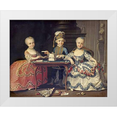 Boy In Blue Building a House of Cards, With Two Girls White Modern Wood Framed Art Print by Drouais, Francois-Hubert