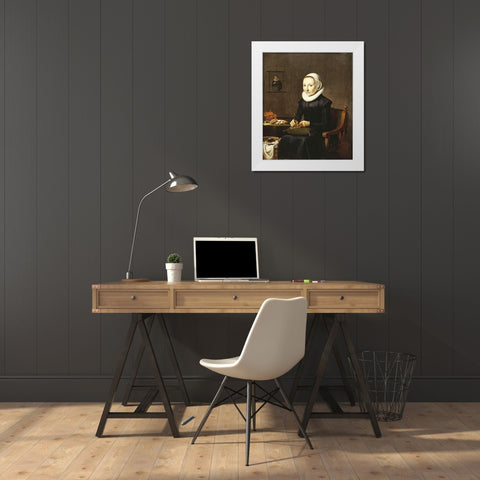 Portrait of An Old Lady, Embroidering White Modern Wood Framed Art Print by School, Dutch