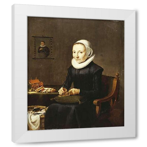 Portrait of An Old Lady, Embroidering White Modern Wood Framed Art Print by School, Dutch