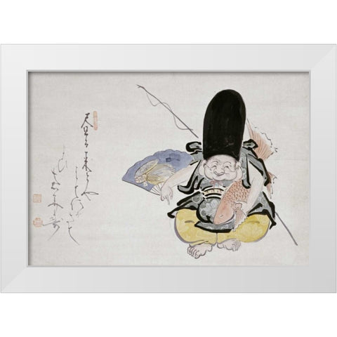 Ebisu Dancing With a Poem. Hanging Scroll White Modern Wood Framed Art Print by Ekaku, Hakuin