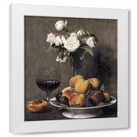 Still Life With Roses, Fruits and a Glass of Wine White Modern Wood Framed Art Print by Latour, Henri Fantin