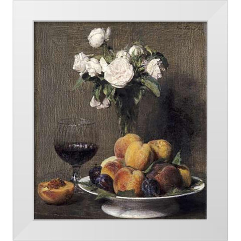Still Life With Roses, Fruits and a Glass of Wine White Modern Wood Framed Art Print by Latour, Henri Fantin