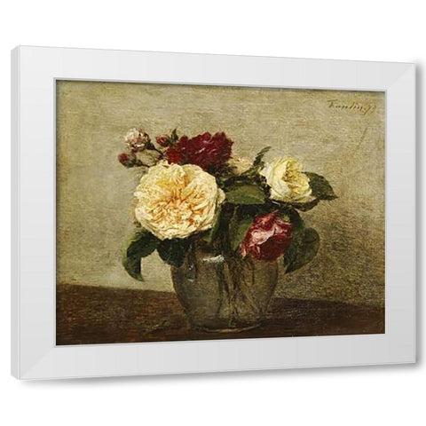 Red and Yellow Roses White Modern Wood Framed Art Print by Latour, Henri Fantin