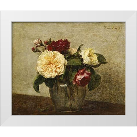 Red and Yellow Roses White Modern Wood Framed Art Print by Latour, Henri Fantin