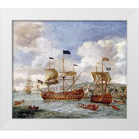 Queen Annes Visit To Greenwich White Modern Wood Framed Art Print by Griffier, Jan