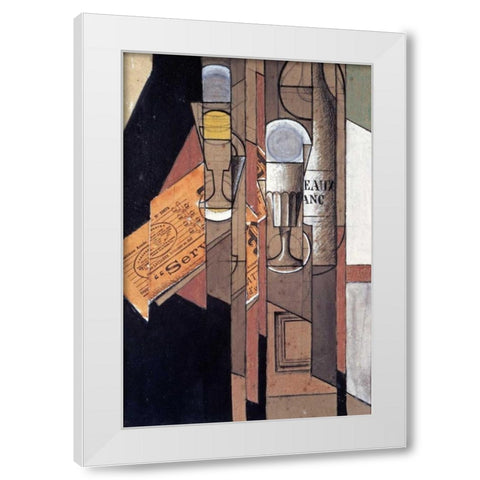 Glasses, a Newspaper and a Bottle of Wine White Modern Wood Framed Art Print by Gris, Juan