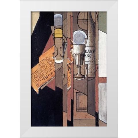 Glasses, a Newspaper and a Bottle of Wine White Modern Wood Framed Art Print by Gris, Juan
