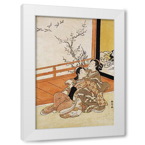 Two Women Seated By a Verandah White Modern Wood Framed Art Print by Harunobu