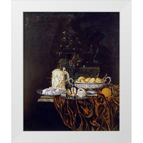 Pastry In a Silver Dish, Sweetmeats On a Plate White Modern Wood Framed Art Print by Hinz, Johann Georg