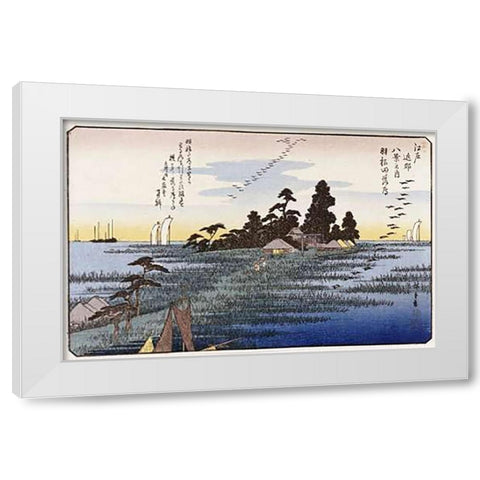 Descending Geese at Haneda White Modern Wood Framed Art Print by Hiroshige