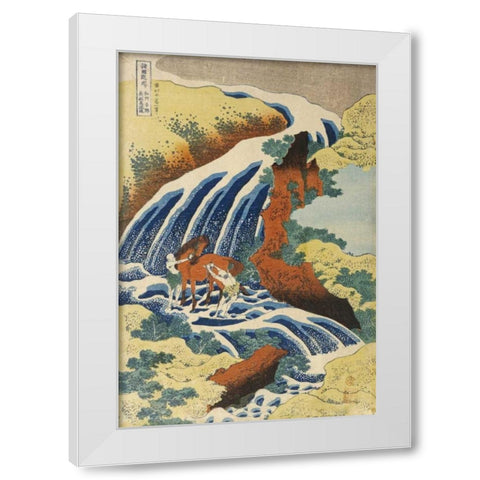 Two Men Washing a Horse in a Waterfall White Modern Wood Framed Art Print by Hokusai