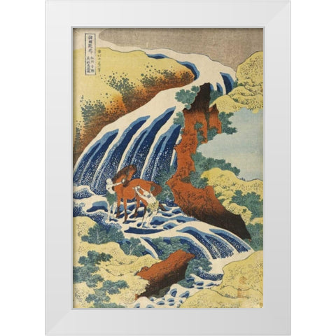 Two Men Washing a Horse in a Waterfall White Modern Wood Framed Art Print by Hokusai