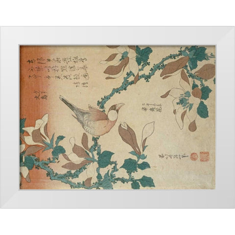 A Paddy Bird Perched On a Flowering Magnolia Branch White Modern Wood Framed Art Print by Hokusai