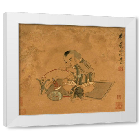 A Child Playing With Marionettes White Modern Wood Framed Art Print by Hongshou, Chen