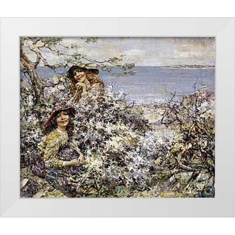 Two Girls Among Blossom, Brighouse Bay White Modern Wood Framed Art Print by Hornel, Edward Atkinson