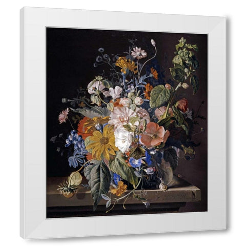 Poppies, Hollyhock, Morning Glory, Viola, Daisies White Modern Wood Framed Art Print by Van Huysum, Jan