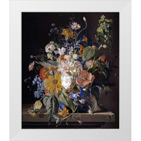 Poppies, Hollyhock, Morning Glory, Viola, Daisies White Modern Wood Framed Art Print by Van Huysum, Jan