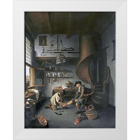 A Barber Surgeon Tending a Peasants Foot White Modern Wood Framed Art Print by Koedijck, Isaack
