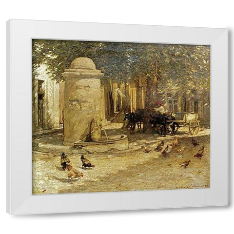 Fountain In a Provencal Village White Modern Wood Framed Art Print by La Thangue, Henry Herbert