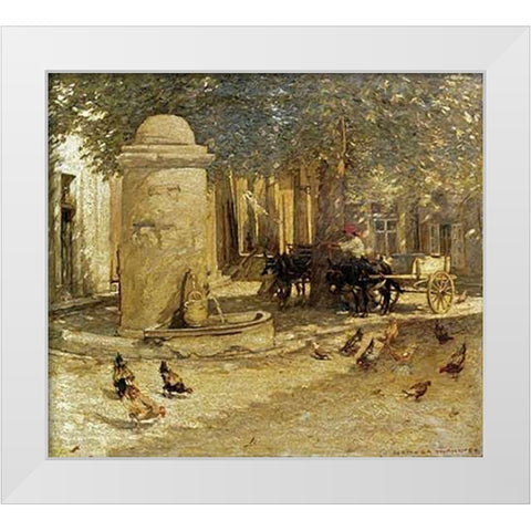 Fountain In a Provencal Village White Modern Wood Framed Art Print by La Thangue, Henry Herbert