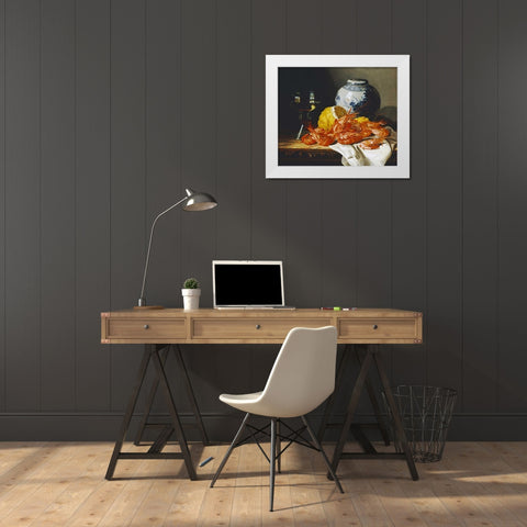 Shrimps, a Peeled Lemon, a Glass of Wine White Modern Wood Framed Art Print by Ladell, Edward