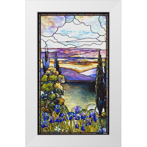 Lakeland Scene With Blue and Purple Irises White Modern Wood Framed Art Print by Lederle
