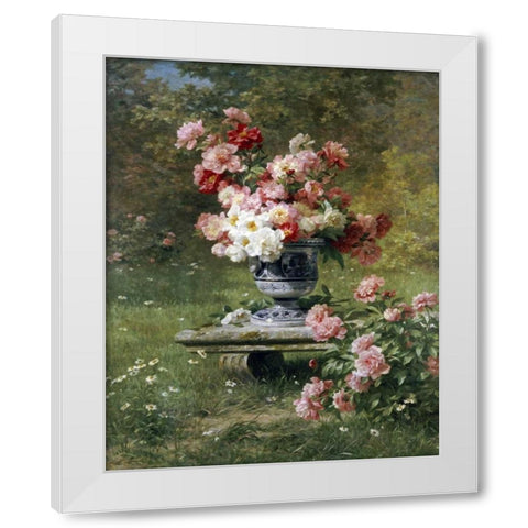 Peonies In An Urn In a Garden White Modern Wood Framed Art Print by Lemaire, Louis Marie
