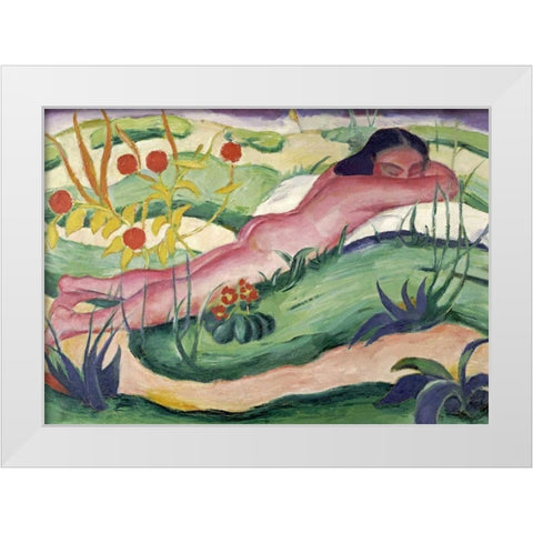 Nude Lying In The Flowers White Modern Wood Framed Art Print by Marc, Franz