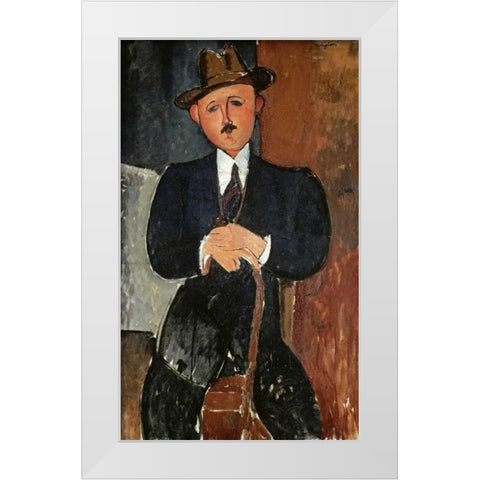 Seated Man - Leaning On a Cane White Modern Wood Framed Art Print by Modigliani, Amedeo