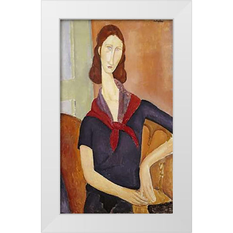 Jeanne Hebuterne (with a Scarf) White Modern Wood Framed Art Print by Modigliani, Amedeo