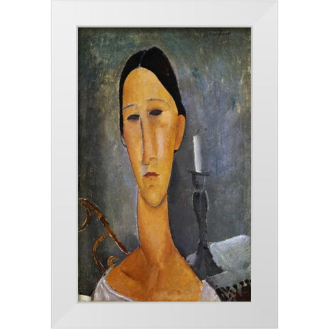 Hanka Zborowska with a Candlestick White Modern Wood Framed Art Print by Modigliani, Amedeo