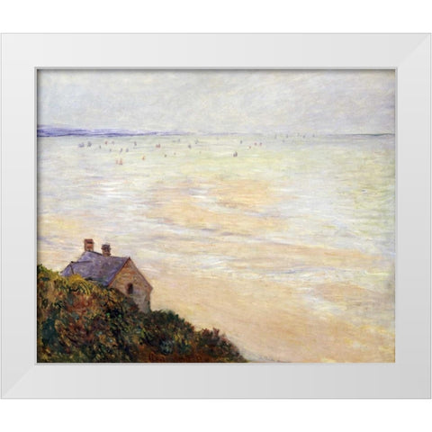 The Hut at Trouville; Low Tide White Modern Wood Framed Art Print by Monet, Claude