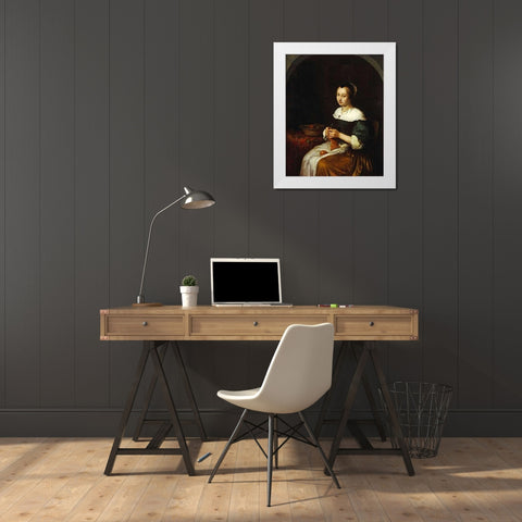A Woman Knitting With a Basket of Fruit White Modern Wood Framed Art Print by Netscher, Caspar