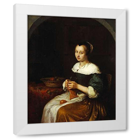 A Woman Knitting With a Basket of Fruit White Modern Wood Framed Art Print by Netscher, Caspar