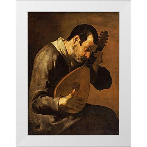 The Sense of Hearing; a Man Playing a Mandolin White Modern Wood Framed Art Print by Passante, Bartolomeo