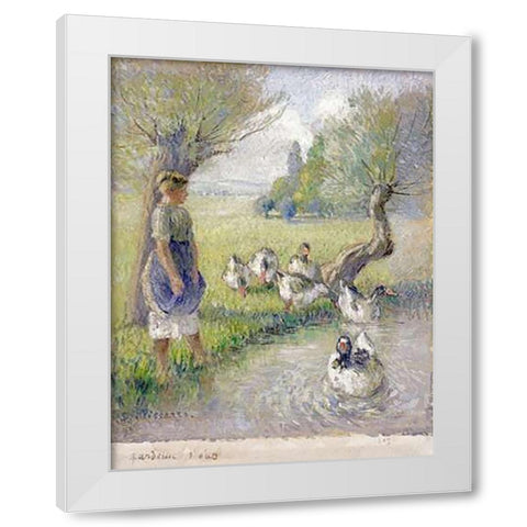 The Goose Girl White Modern Wood Framed Art Print by Pissarro, Camille