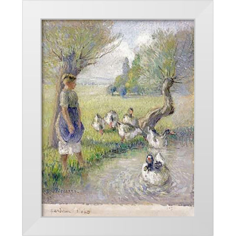 The Goose Girl White Modern Wood Framed Art Print by Pissarro, Camille