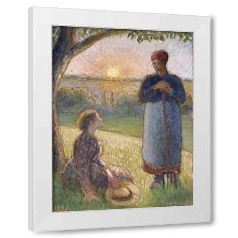 Country Women Chatting, Sunset, Eragny White Modern Wood Framed Art Print by Pissarro, Camille