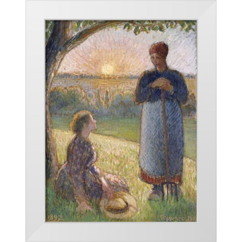 Country Women Chatting, Sunset, Eragny White Modern Wood Framed Art Print by Pissarro, Camille