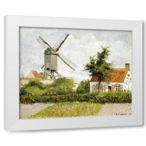 Windmill at Knock, Belgium White Modern Wood Framed Art Print by Pissarro, Camille