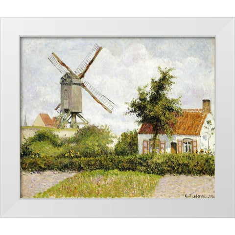 Windmill at Knock, Belgium White Modern Wood Framed Art Print by Pissarro, Camille