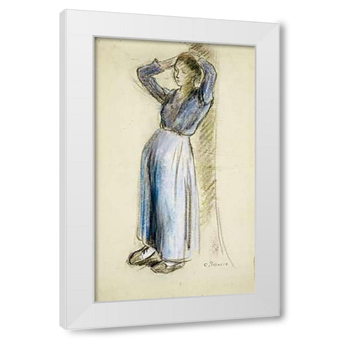 Country Girl Leaning Against a Tree White Modern Wood Framed Art Print by Pissarro, Camille