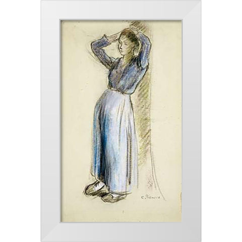 Country Girl Leaning Against a Tree White Modern Wood Framed Art Print by Pissarro, Camille