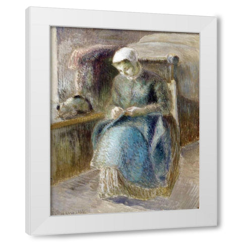 Woman Sewing White Modern Wood Framed Art Print by Pissarro, Camille