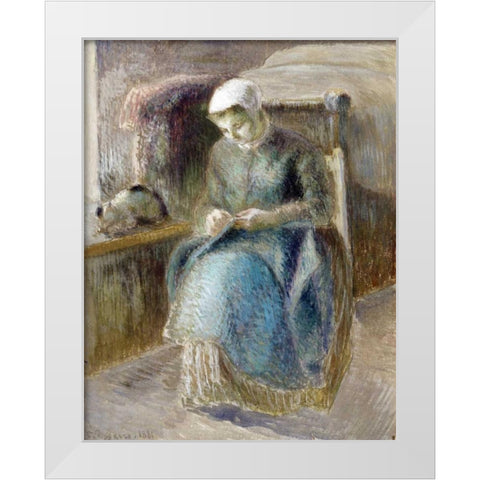 Woman Sewing White Modern Wood Framed Art Print by Pissarro, Camille