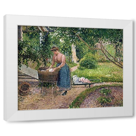 Washerwoman at Eragny White Modern Wood Framed Art Print by Pissarro, Camille