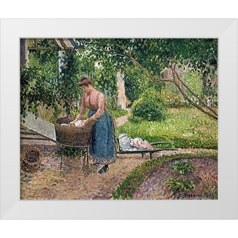 Washerwoman at Eragny White Modern Wood Framed Art Print by Pissarro, Camille