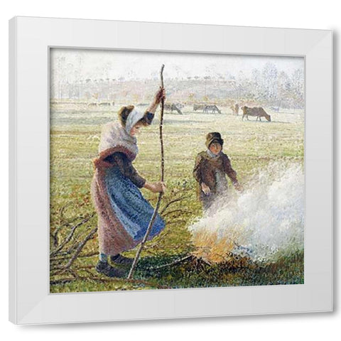 White Frost, Woman Breaking Up Wood White Modern Wood Framed Art Print by Pissarro, Camille