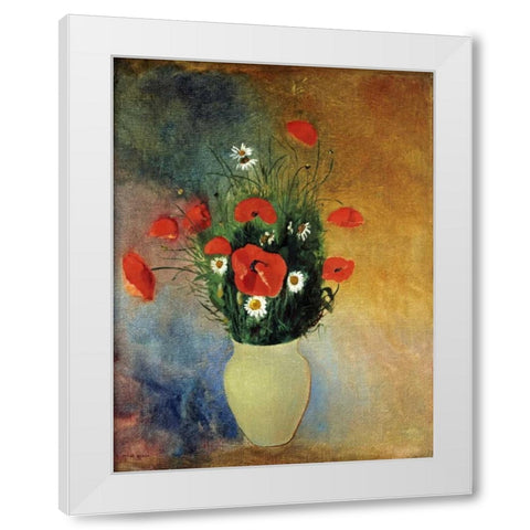 Poppies and Daisies White Modern Wood Framed Art Print by Redon, Odilion