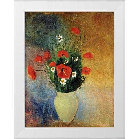 Poppies and Daisies White Modern Wood Framed Art Print by Redon, Odilion